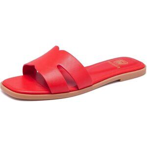 Women's Red Square Slip On Open Toe Summer Beach Flat Slide Sandals